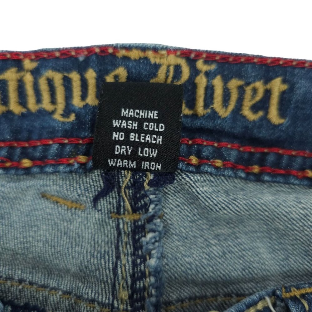 Antique Rivet Jeans BootCut Western Low Rise Sz 29 Rhinestone Stretch Distressed - Picture 12 of 14